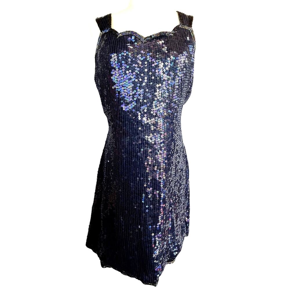 SKU2462 Expressions Women's 10 Blue 100% Silk Shell Sequin Mini Dress Party